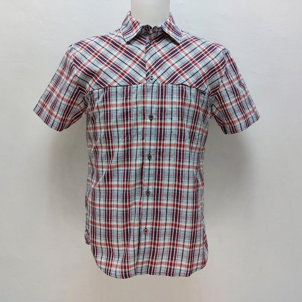 Salomon Plaid Button Down Shirt Men's Medium Red White Blue UPF 50 Short Sleeve